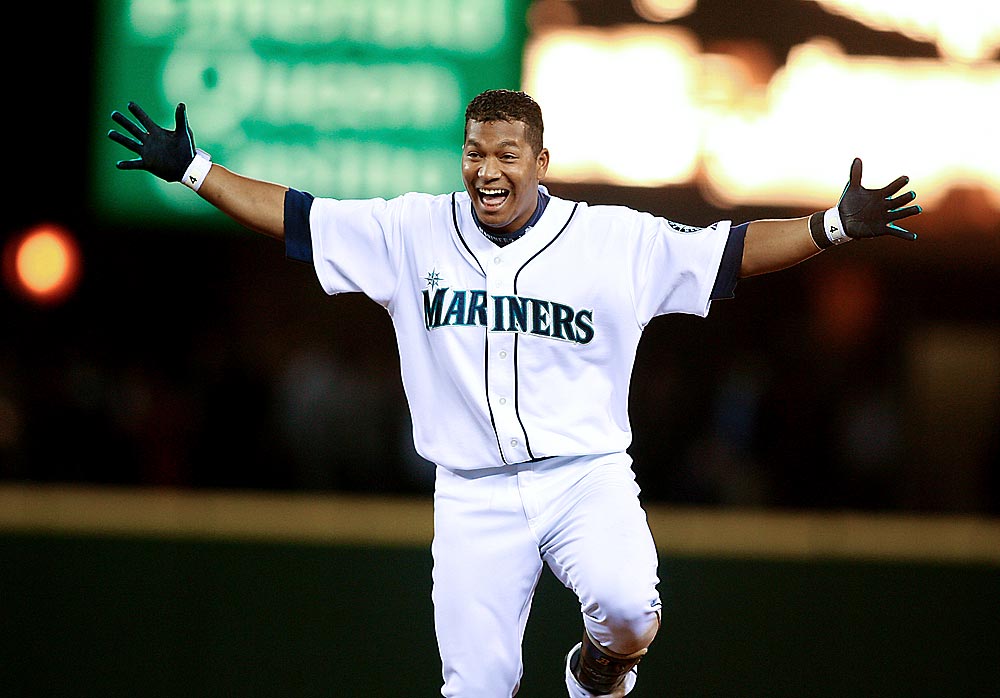 Mariner's second baseman Jose Lopez celebrates a game winning hit against the Boston Red Sox. (Photographer: Scott Eklund)