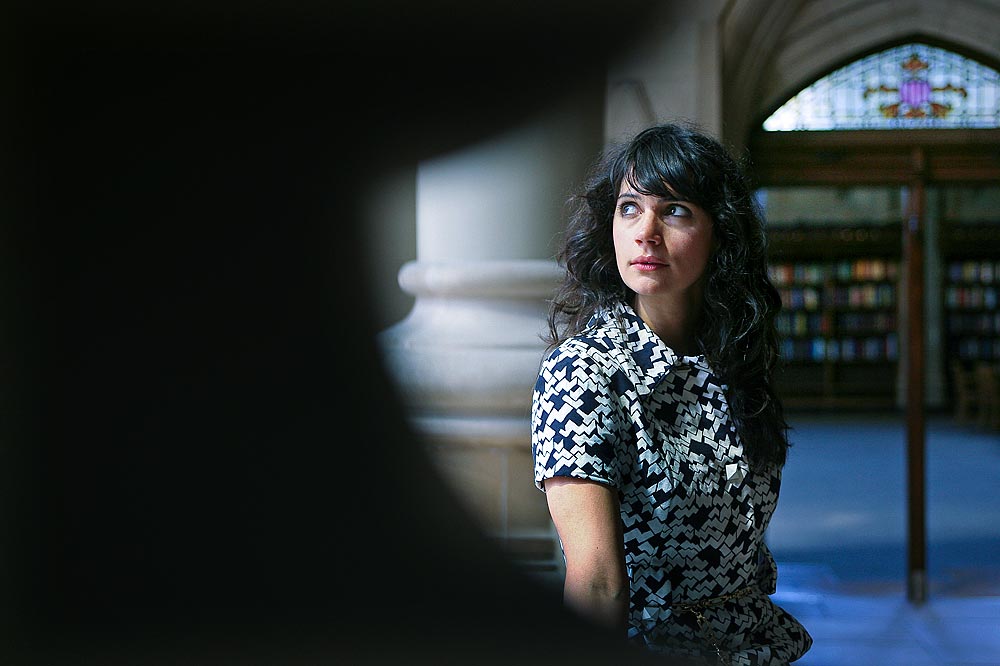 Poet Marie-Caroline Moir in the University of Washington's Suzzalo Library in Seattle. (Photographer: Dan DeLong).