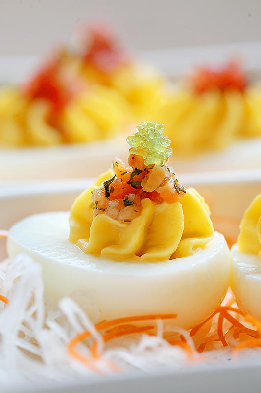 Citrus Salmon Gravlox deviled eggs at Seastar Restaurant in Seattle (Photographer: Scott Eklund)